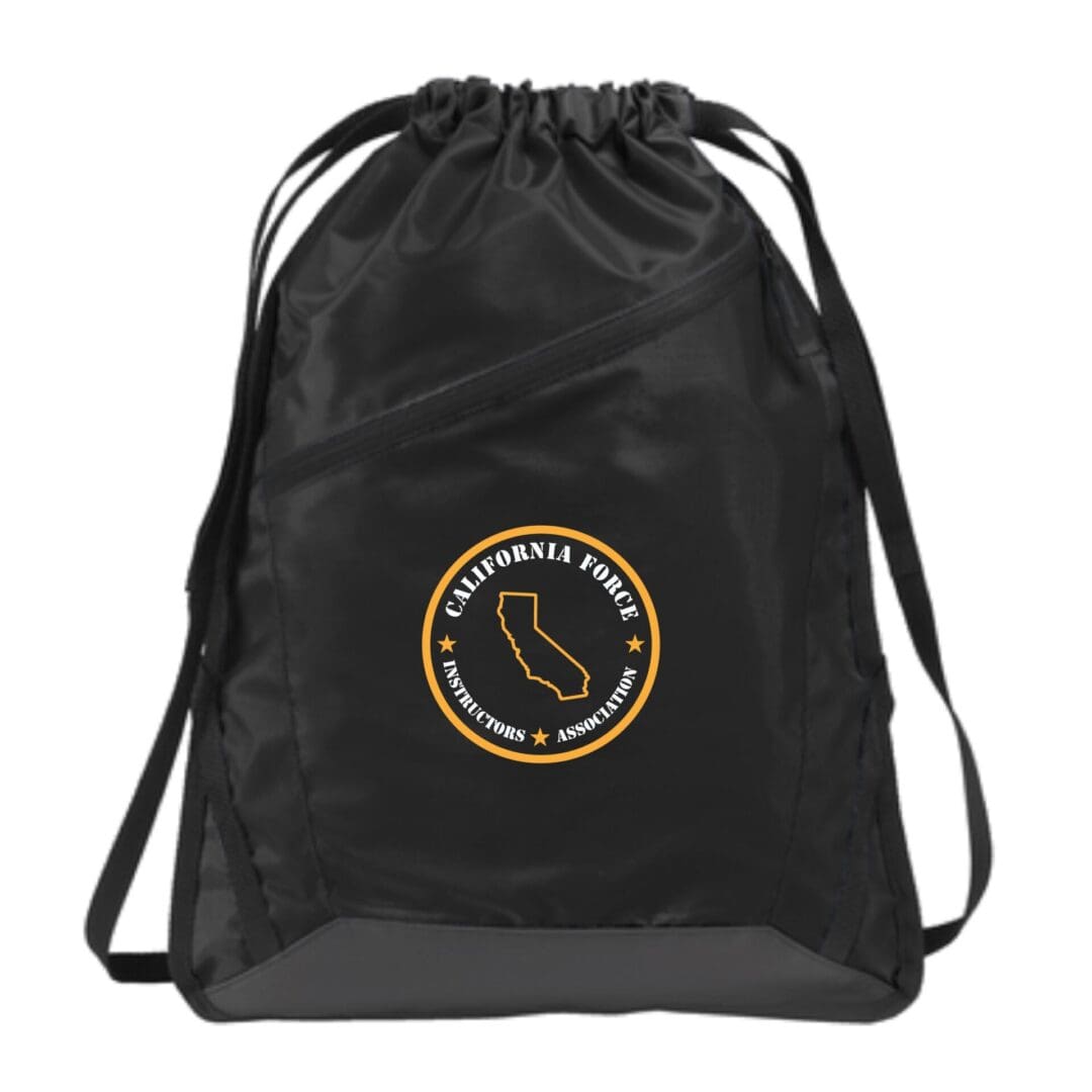 Black drawstring bag with California Force Instructors Association logo.